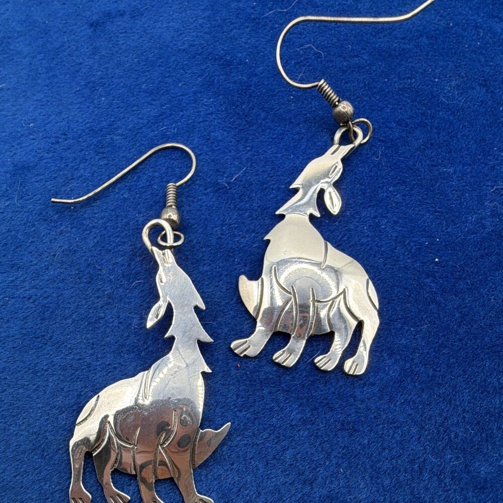 Native American Style Sterling Howling Wolf Earrings 2  1/2”long